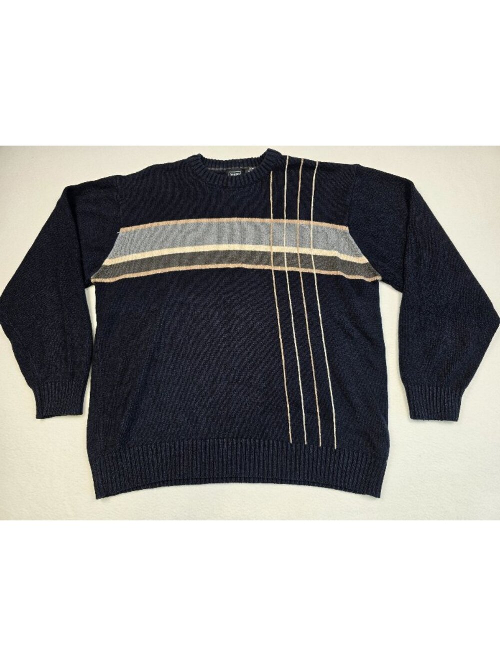 Haggar Mens Grandpa Sweater XL Navy & Gray Striped Crewneck